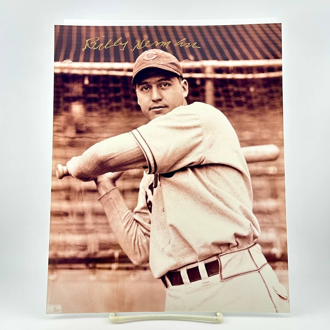 Vintage-style poster of a baseball player in a batting stance with 'Billy Herman' signature.