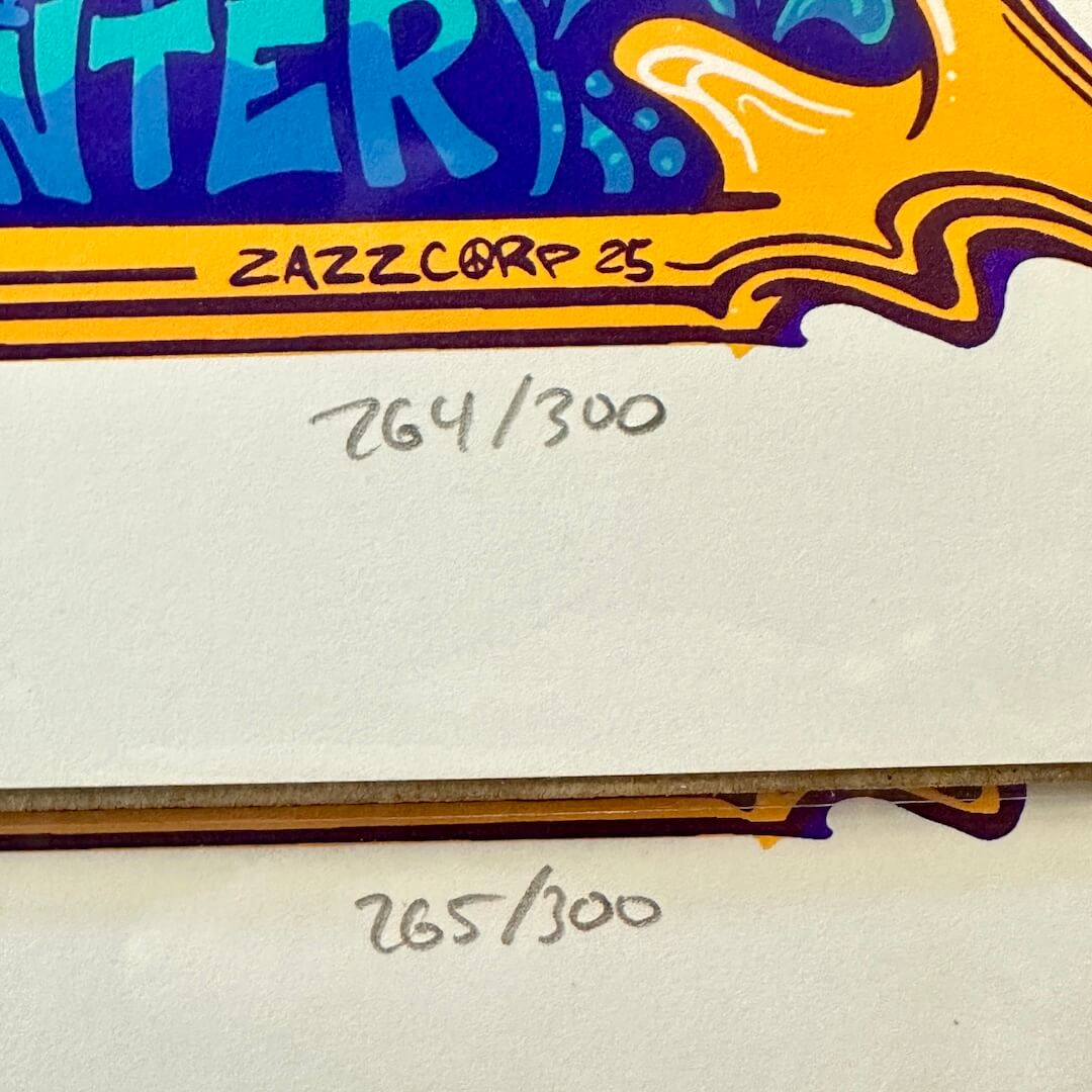 Close-up of a product with 'Zazzcorp' branding and poster numbers on a white background.