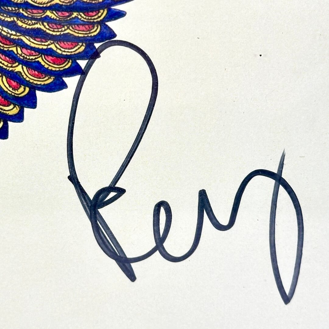 Signature with a colorful peacock feather design on a white background