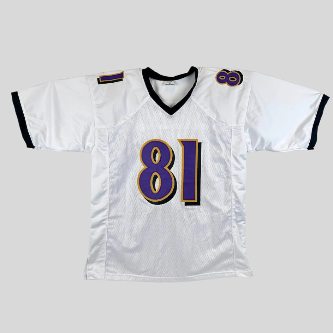 White sports jersey with number 81 on a gray background