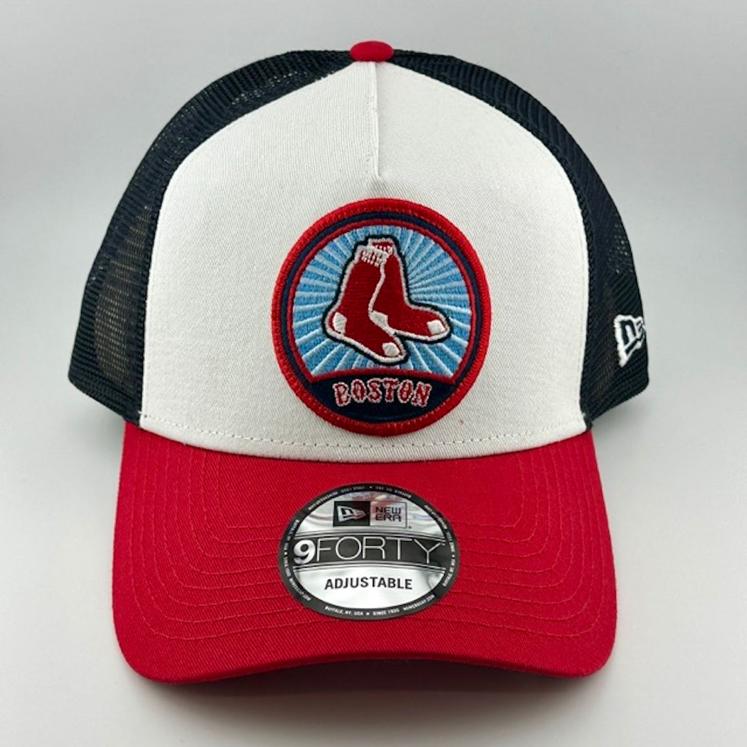 Baseball cap with red brim, white face & black plastic mesh back. Boston Red Sox socks logo with blue background center-face.