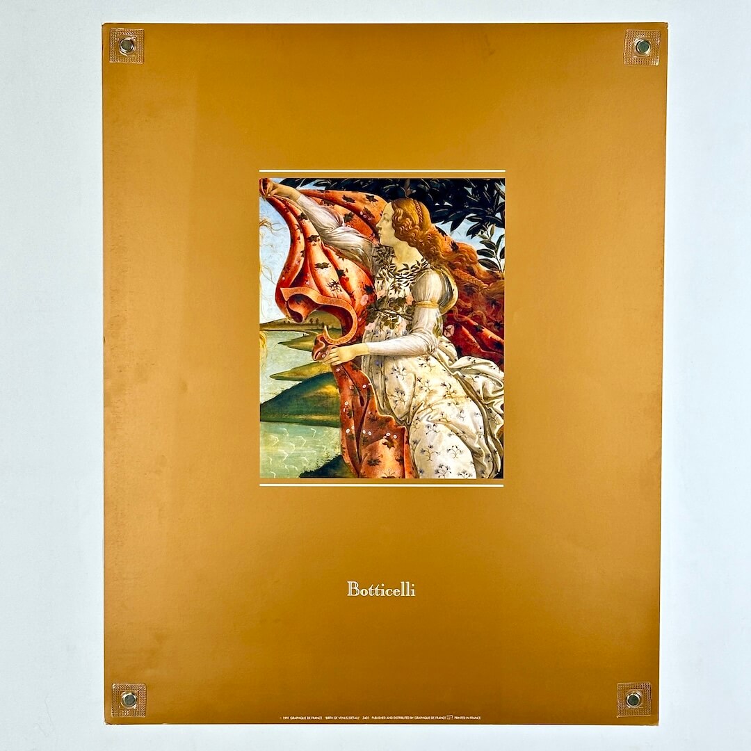 Gold poster with centered close-up of part of Botticelli's Birth of Venus art, with text 'Botticelli' beneath.