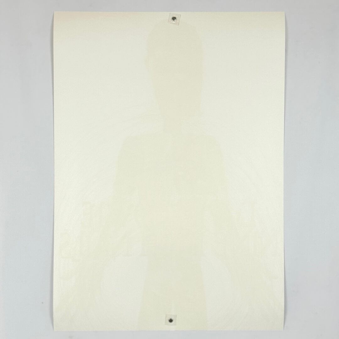 Backside of white poster with no visible damage against white background.