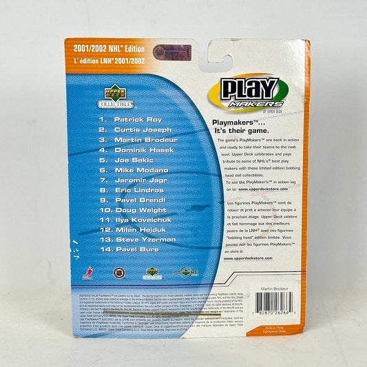 Back of a hockey trading card packaging with player names and branding.
