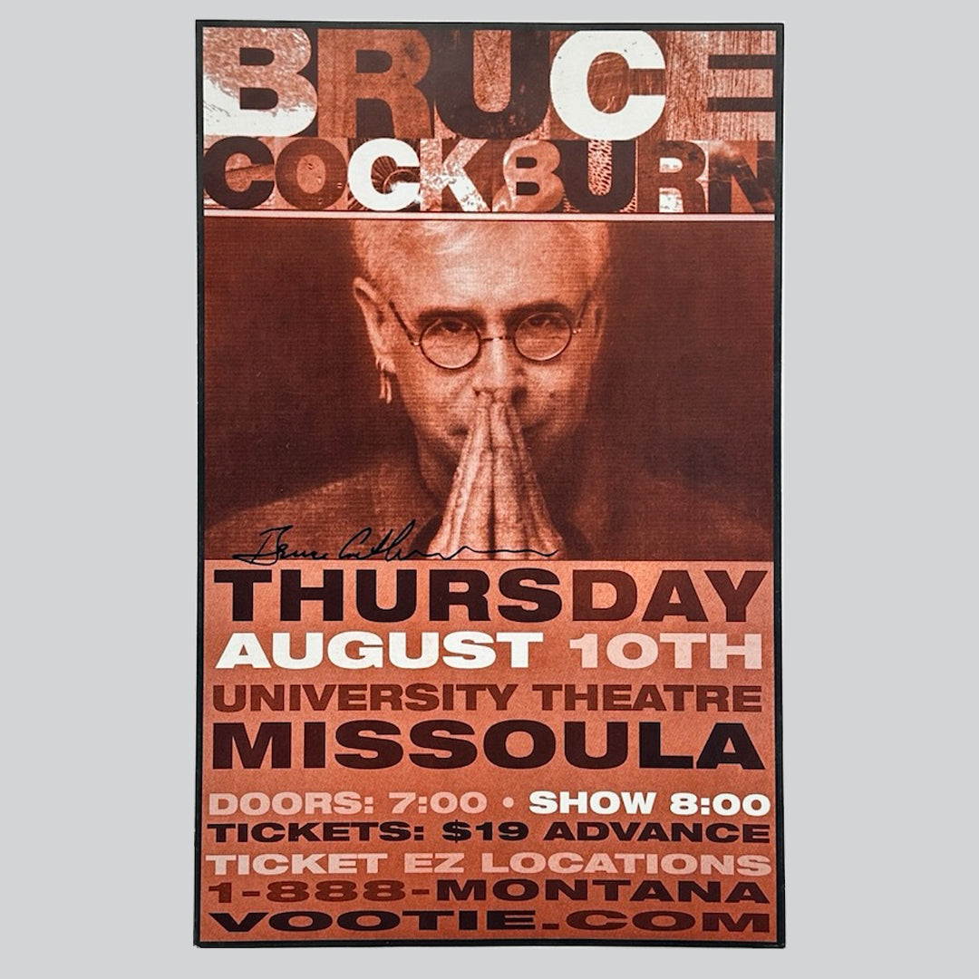 Red-orange monochromatic poster with artist name at top, image of artist with signature in center & event info for bottom half