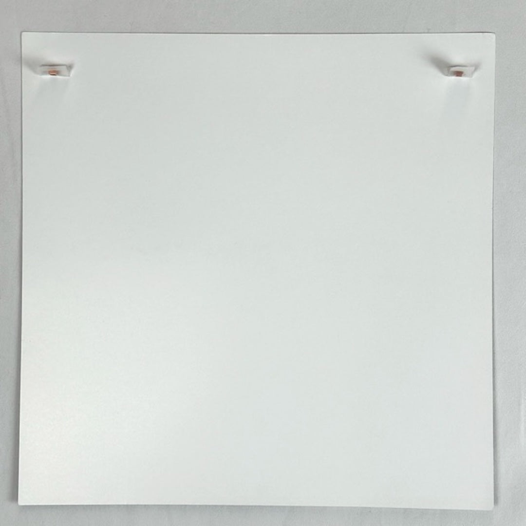 Backside of square white poster showing no damage to face or edges. Smooth, unblemished.