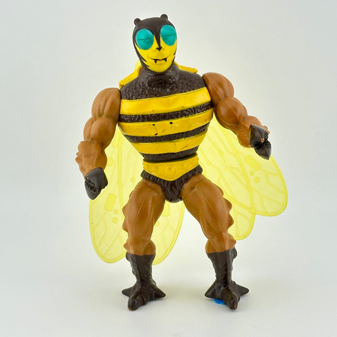 Anthropomorphized bee-man with large yellow wings, yellow and brown striped body with fur detail.