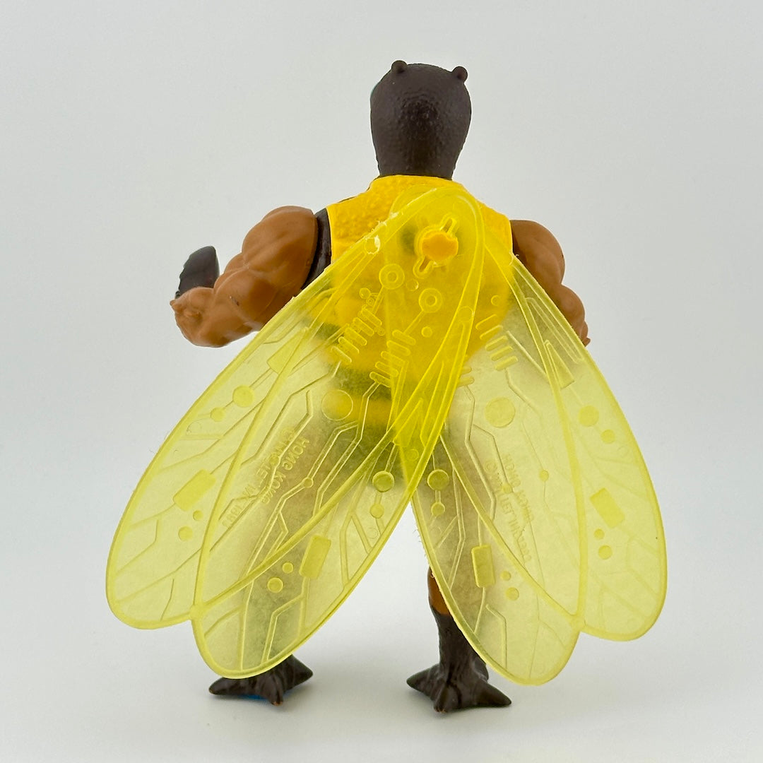 Anthropomorphized bee-man with large yellow wings, yellow and brown striped body with fur detail.