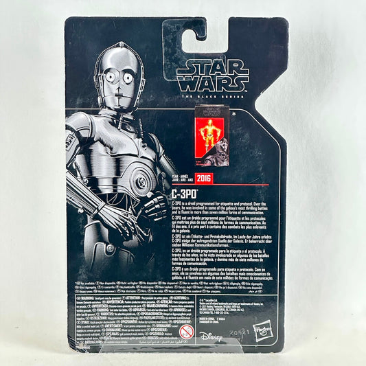 Star Wars The Black Series C-3PO action figure blister card packaging, showing the back of the card with C-3PO artwork.