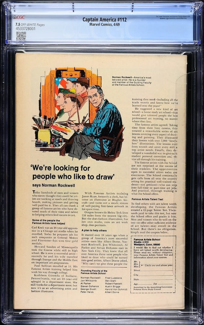 Captain America #112 comic back, brightly colored, encased in plastic, CGC graded 7.5 with QR code.