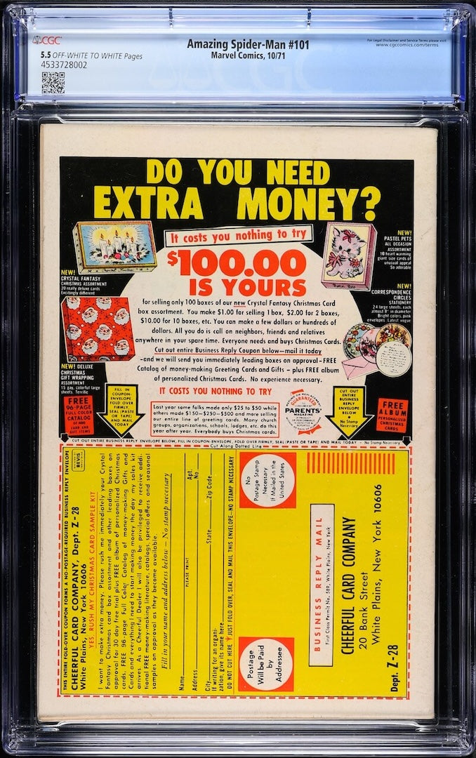 Amazing Spiderman #101 comic back, brightly colored, encased in plastic, CGC graded 5.5 with QR code.