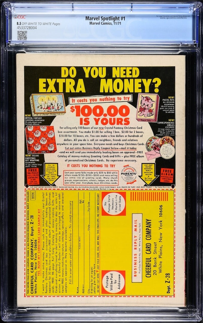 Marvel Spotlight on Red Wolf #1 comic back, brightly colored, encased in plastic, CGC graded 8.5 with QR code.