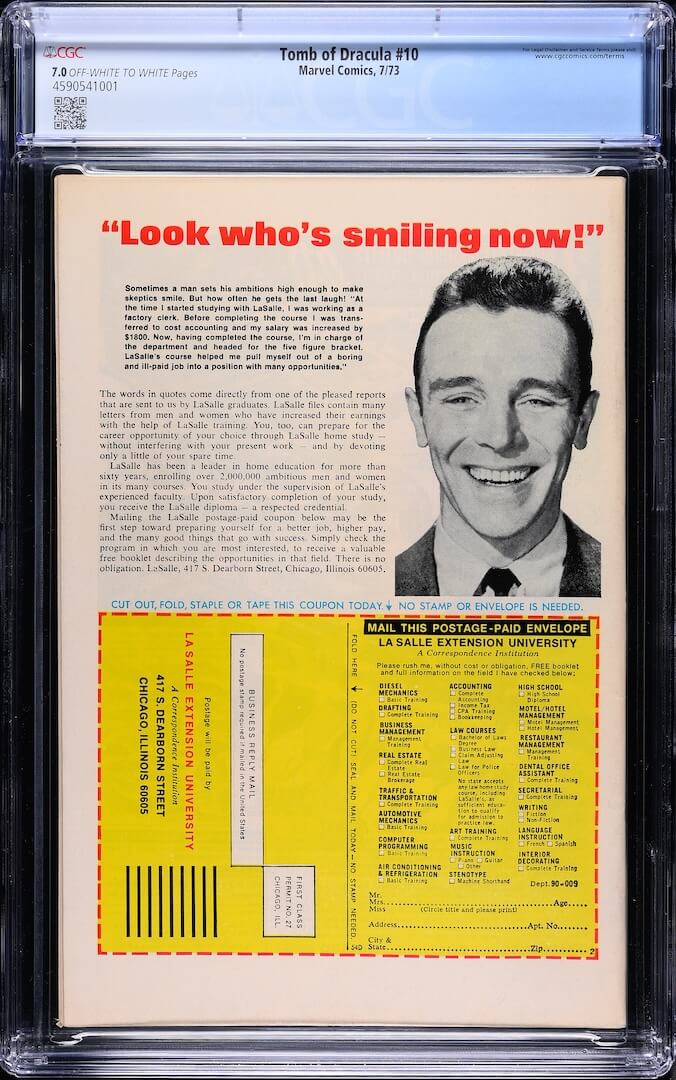 Backside of plastic encased comic book with mail in coupon ad. Grading info in banner at top.