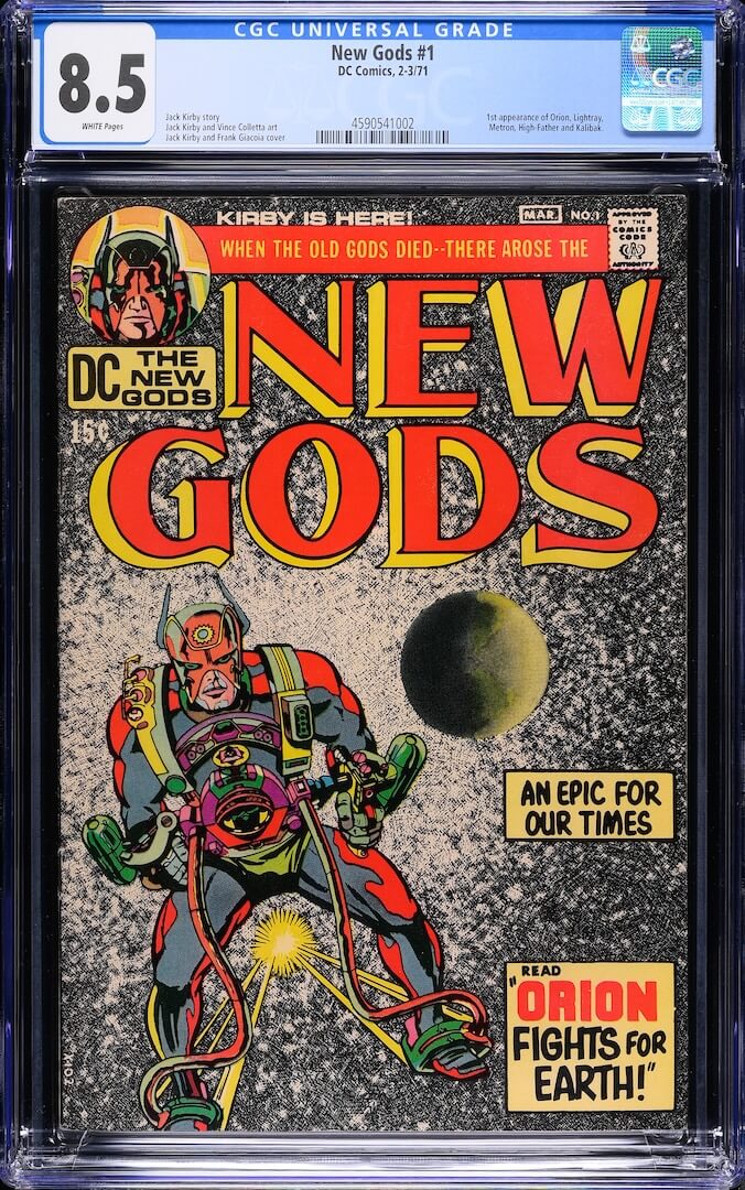 Plastic encased New Gods comic with grading info banner at top. Main image is of Orion flying through space.