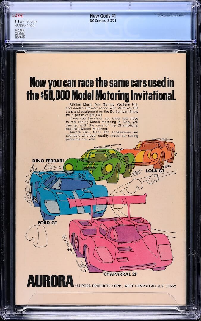 Backside of plastic encased comic book with ad for Aurora car models. Grading info in banner at top.