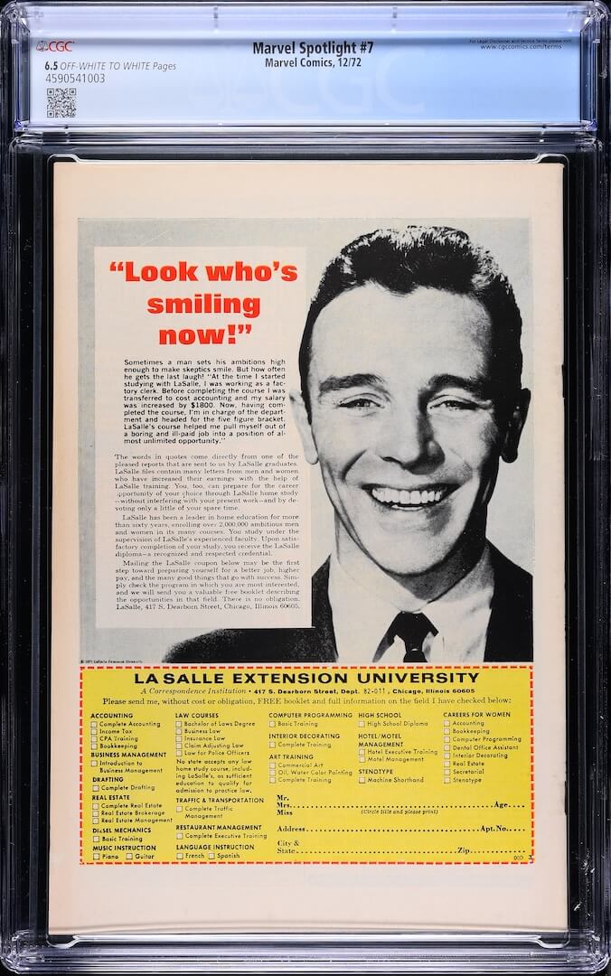 Backside of plastic encased comic book with mail in coupon ad. Grading info in banner at top.
