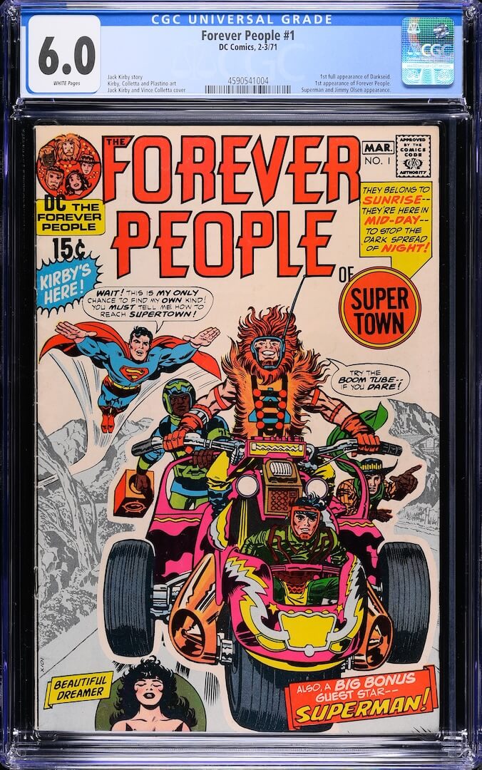 Plastic encased Forever People comic book with grading information banner at top. Main scene is team in off road vehicle.