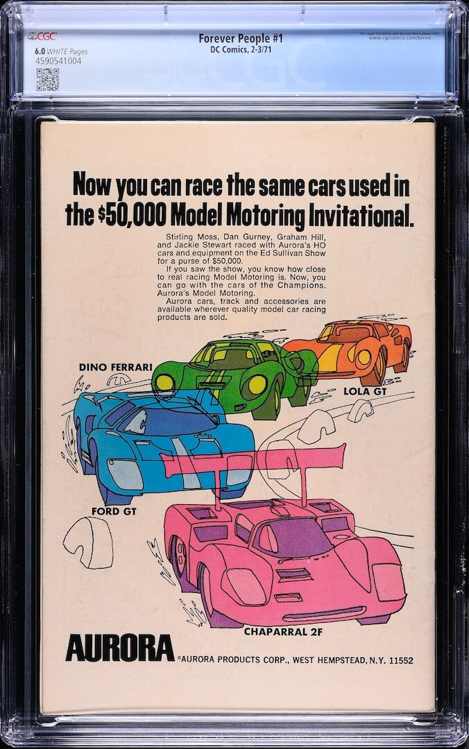 Backside of plastic encased comic book with ad for Aurora car models. Grading info in banner at top.
