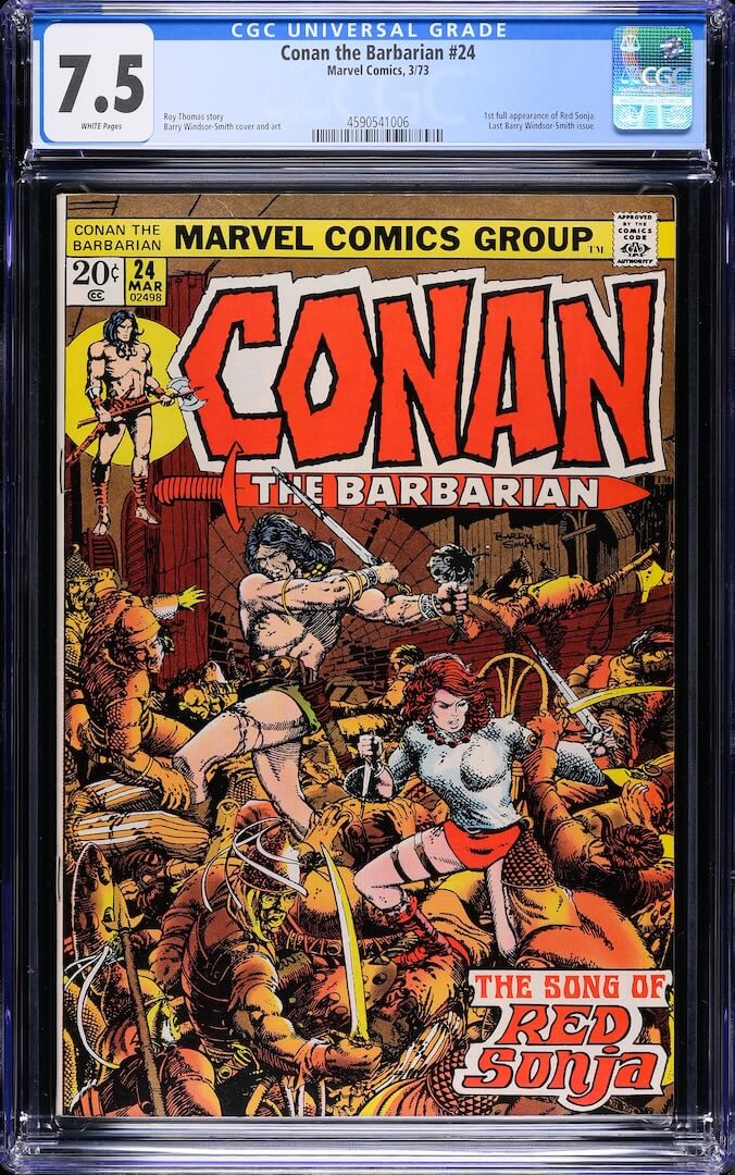 Plastic encased Conan comic book with grading information banner at top. Main scene is sword fighting battle.