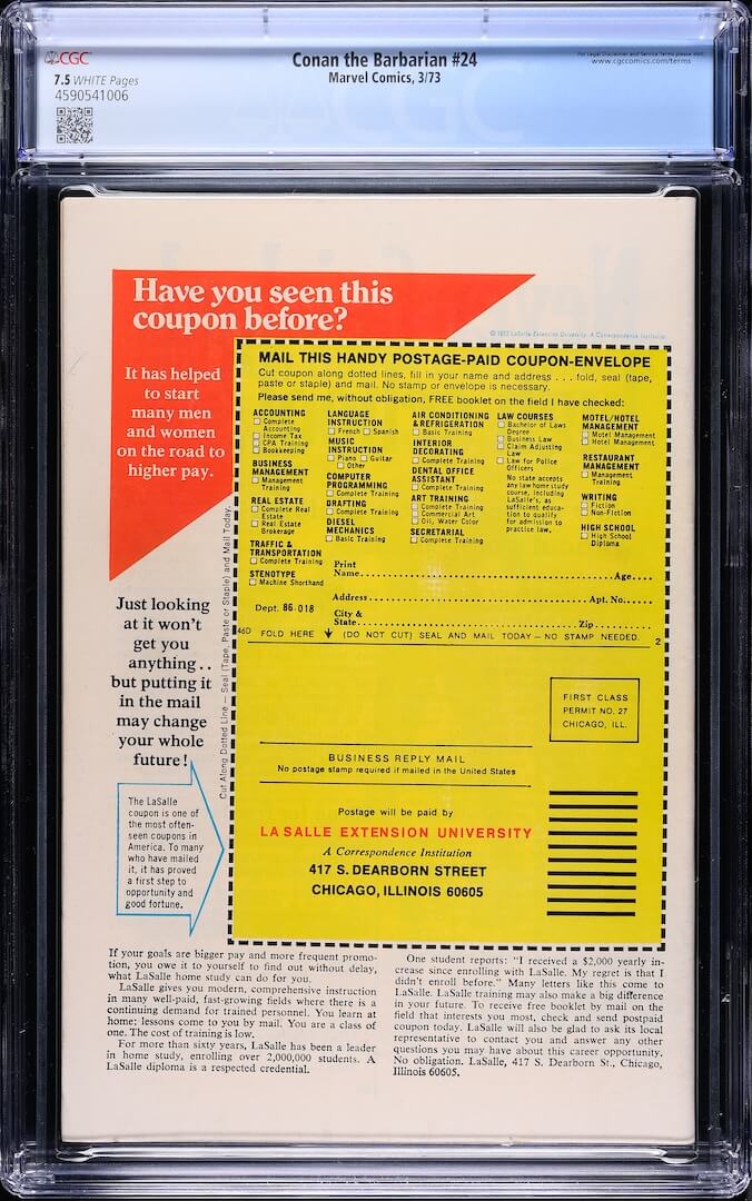 Backside of plastic encased comic book with mail in coupon ad. Grading info in banner at top.