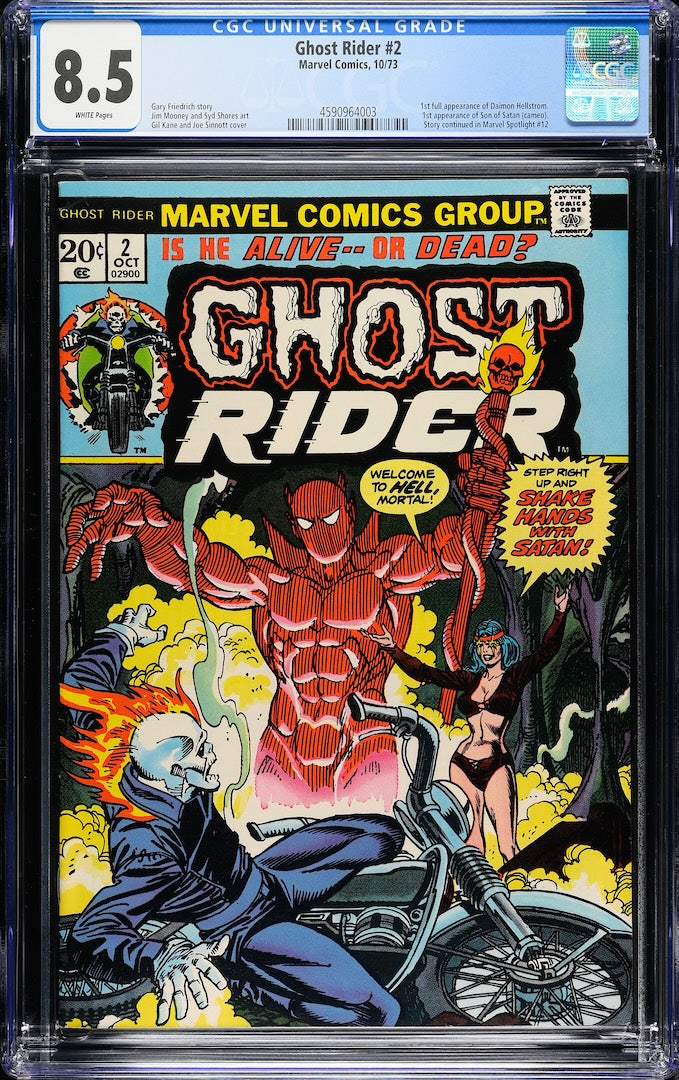Plastic encased comic book with skeleton biker fighting a red demon. Grading info along top.