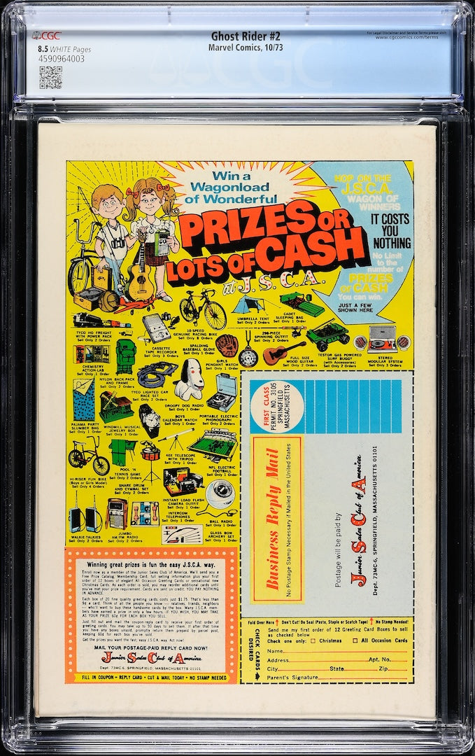 Back of plastic encased comic book featuring an ad JSCA contest.