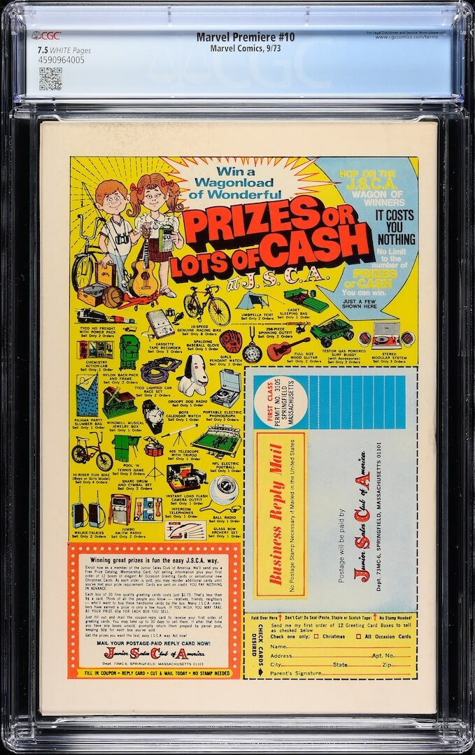 Backside of plastic encased comic book with mail in coupon ad. Grading info in banner at top.