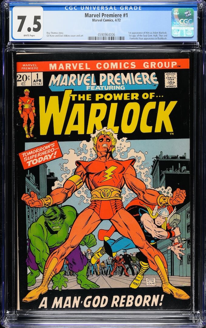 Plastic encased Marvel comic with grading info banner at top. Main image of Warlock and Avengers.