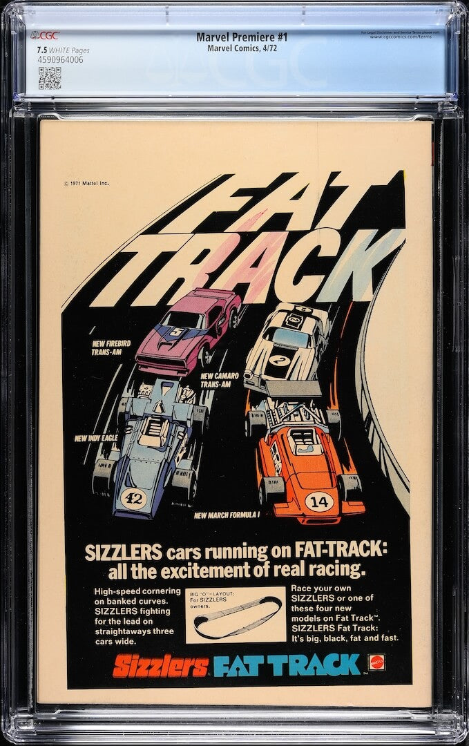 Backside of plastic encased comic book with ad for Sizzlers Fat Track by Mattel. Grading info in banner at top.