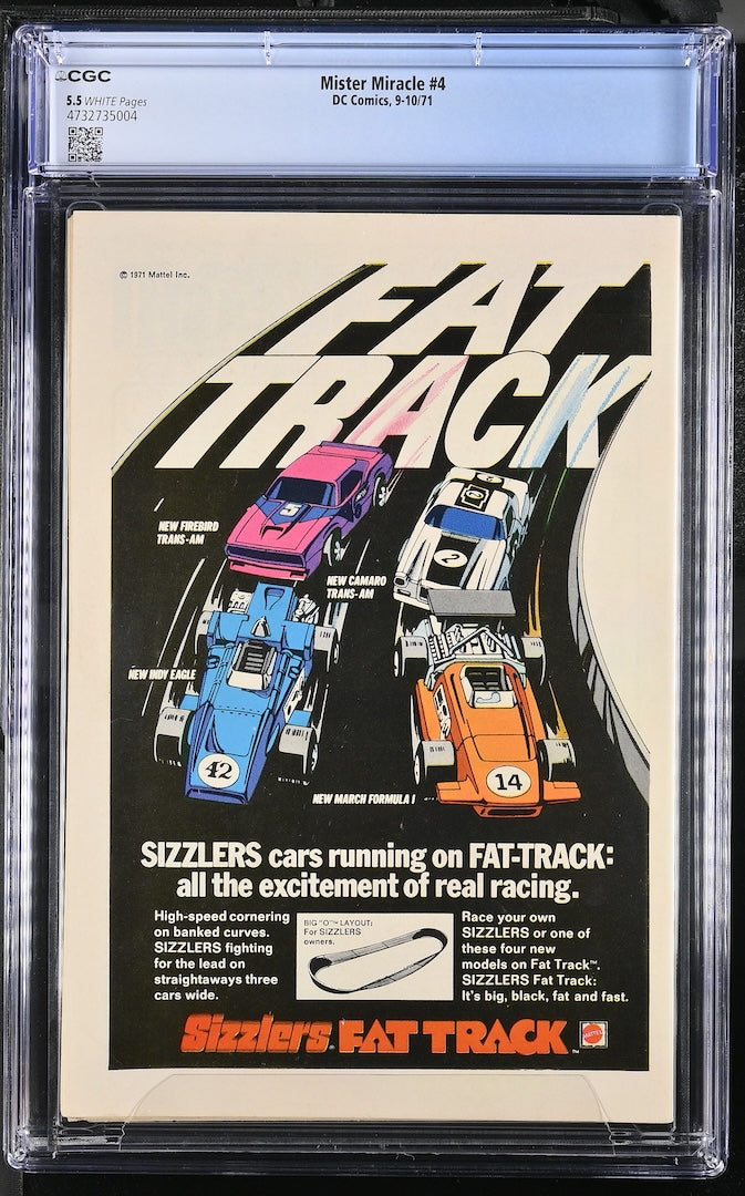 Back cover of encapsulated comic book featuring full page ad for Sizzlers Fat Track toy racetrack.