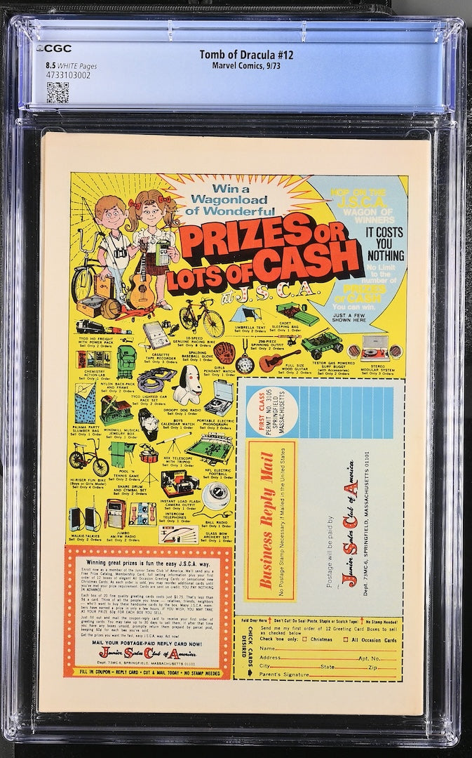 Back cover of encapsulated comic book with full page ad for JSCA toys.