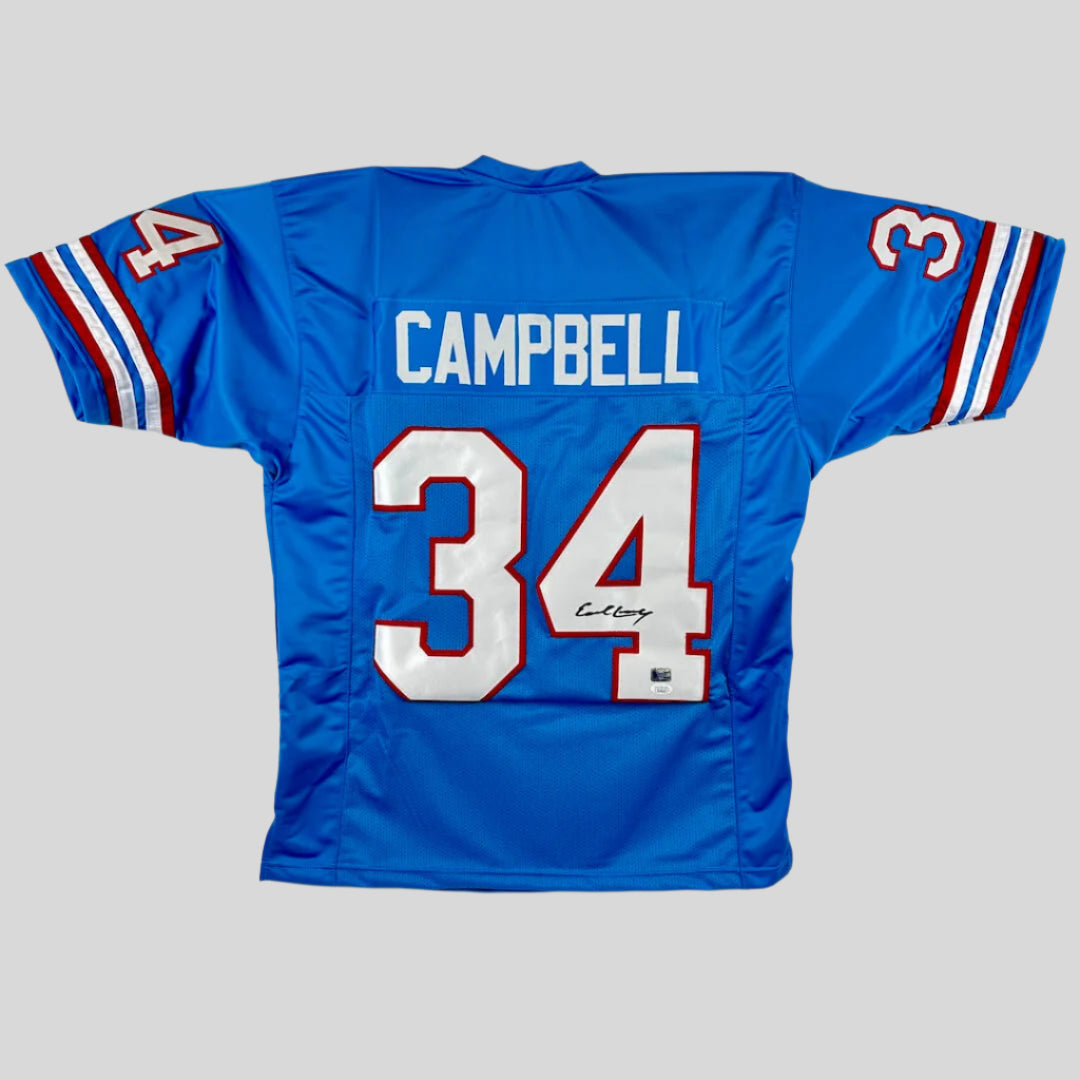 Blue sports jersey with 'Campbell' and number '34' i n white on a gray background