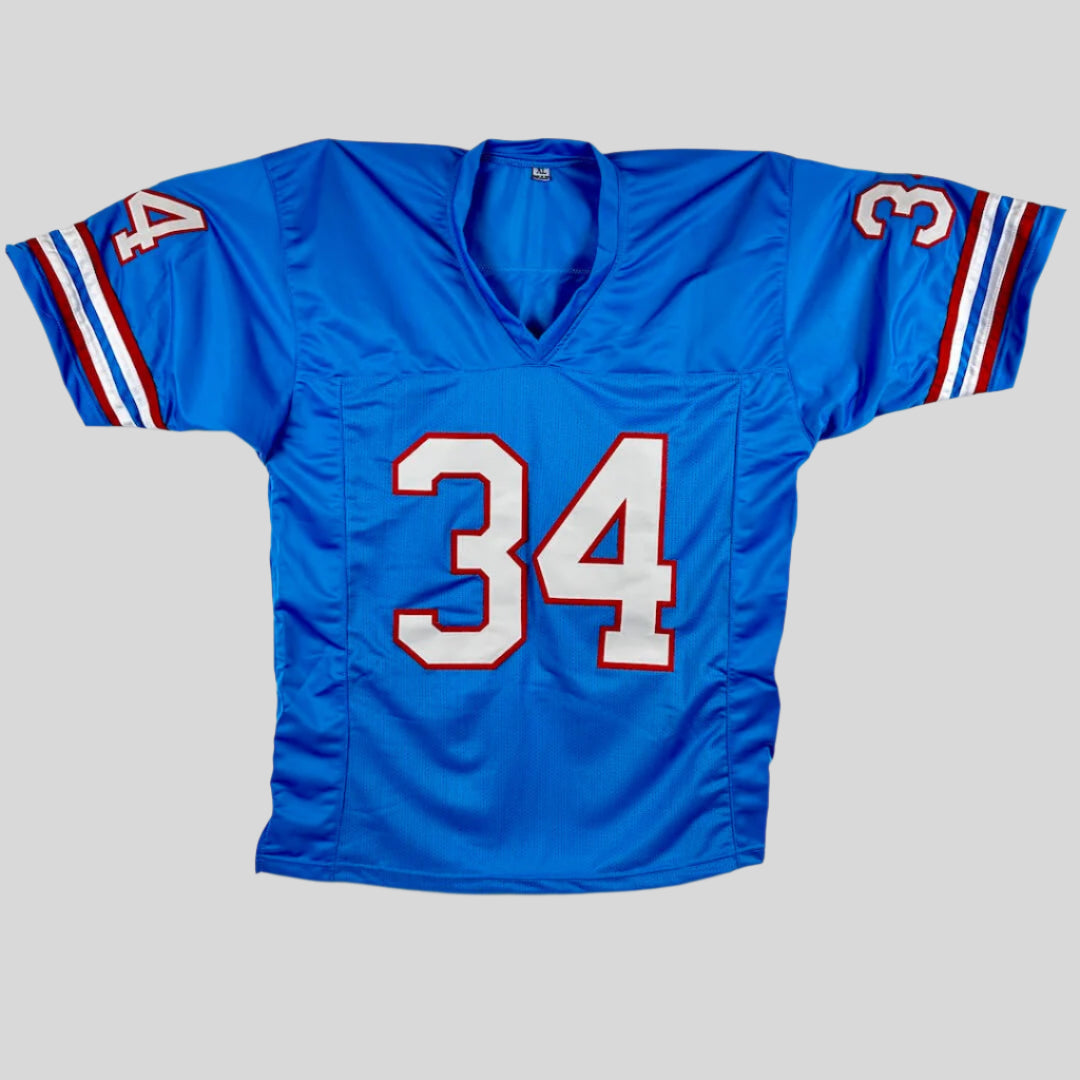Blue sports jersey with white number 34 on a gray background