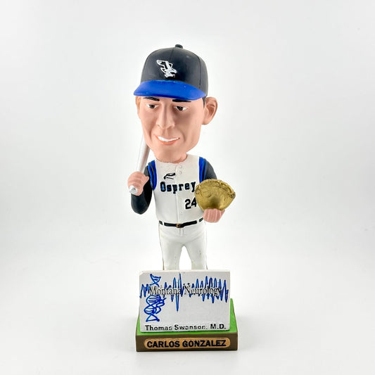 Bobblehead figure of a baseball player holding a bat and glove, with a white background