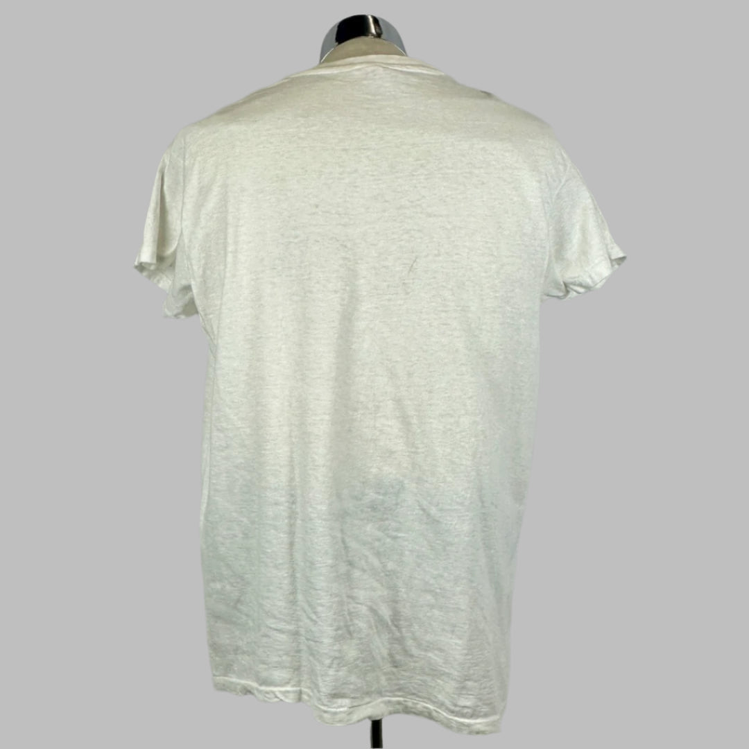 Back of white short sleeve t-shirt, slight wear and staining visible. No text or graphics.