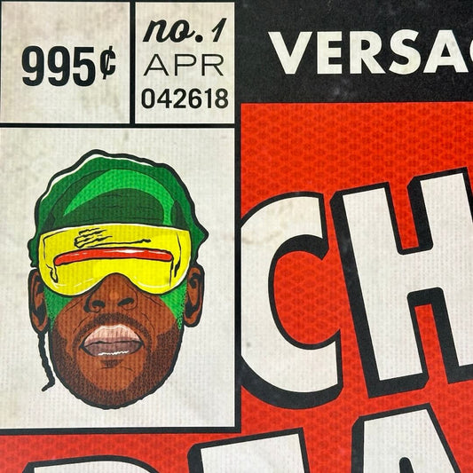 Close up of top left corner detail comic book style box with edition number and same man's face.