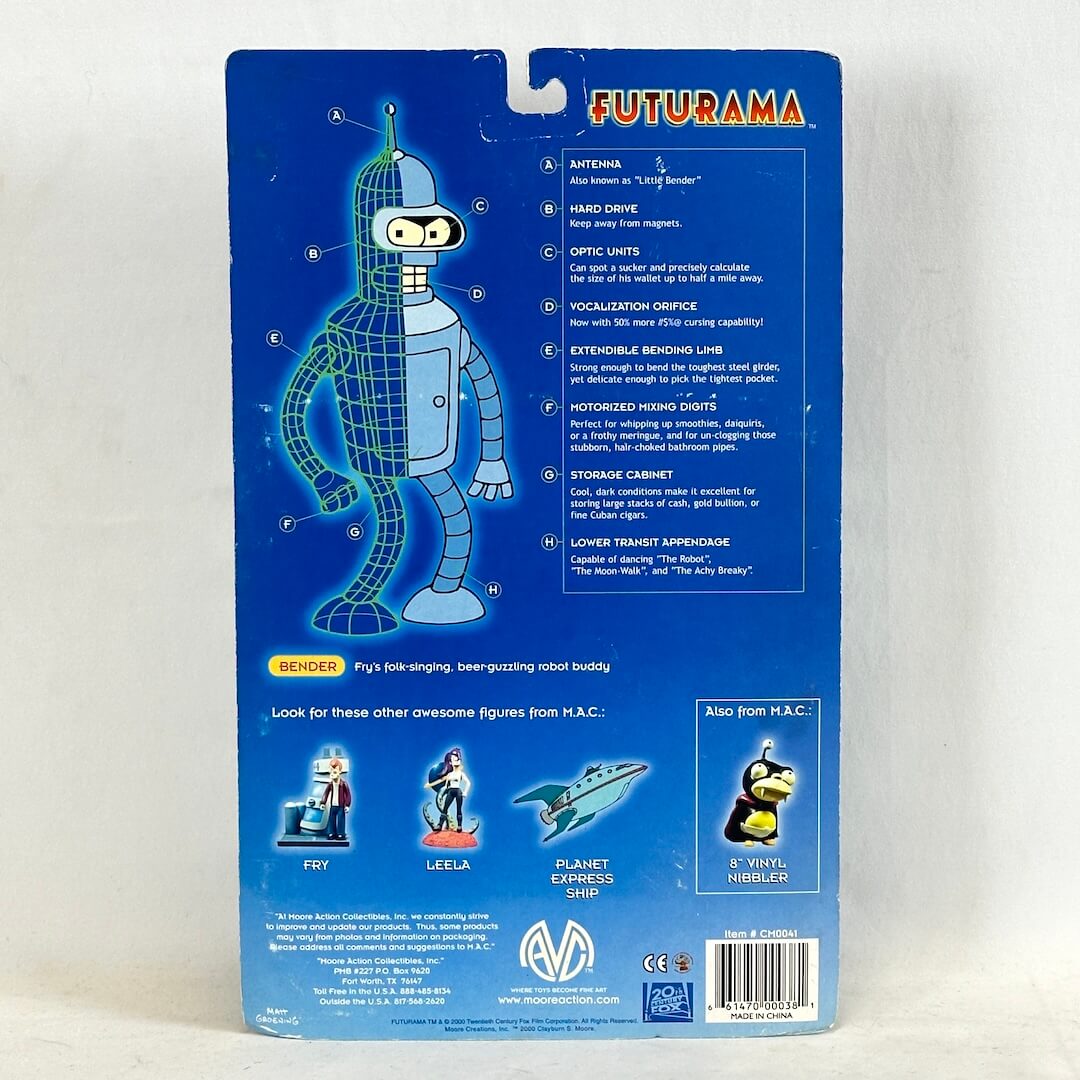 Futurama Bender action figure packaging with blue background and robot illustration.