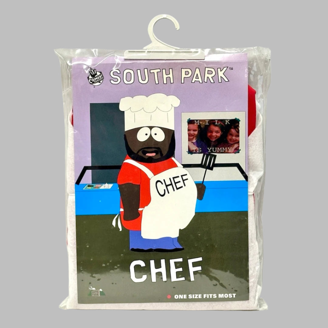 Plastic bag containing costume for Chef from South Park, One Size Fits Most.