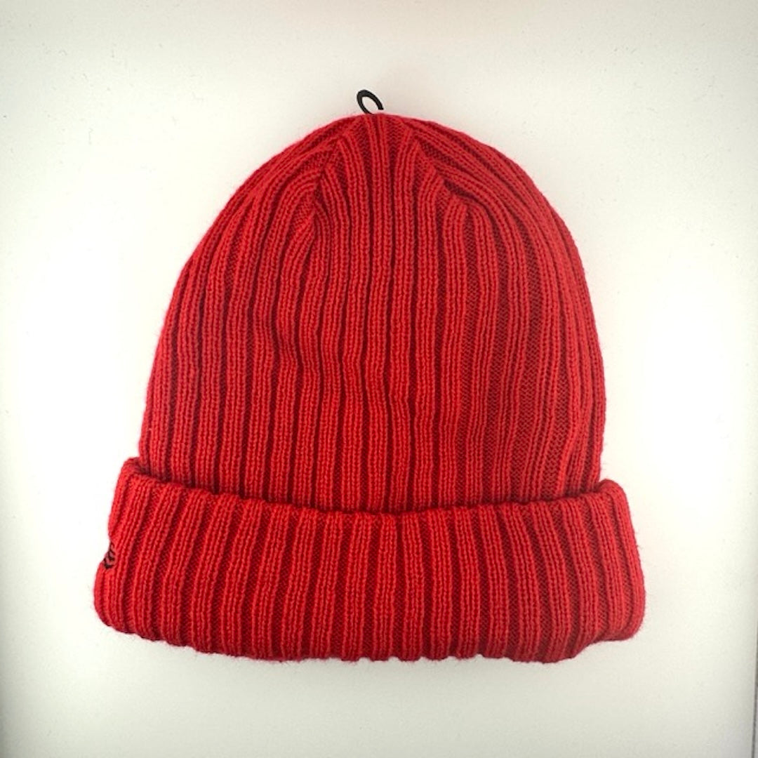 Red knit beanie with team crest logo patch front center. White stitched new era logo off center.