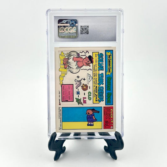 Trading card in a clear protective case on a white background