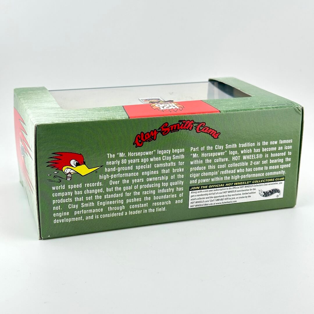 A Clay Smith Cams car set box shown from the back side, featuring a green background with red and white text.