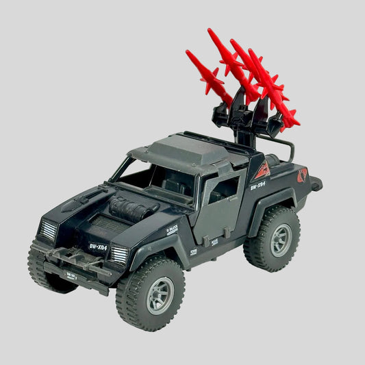 Toy military vehicle with red missiles on a white background