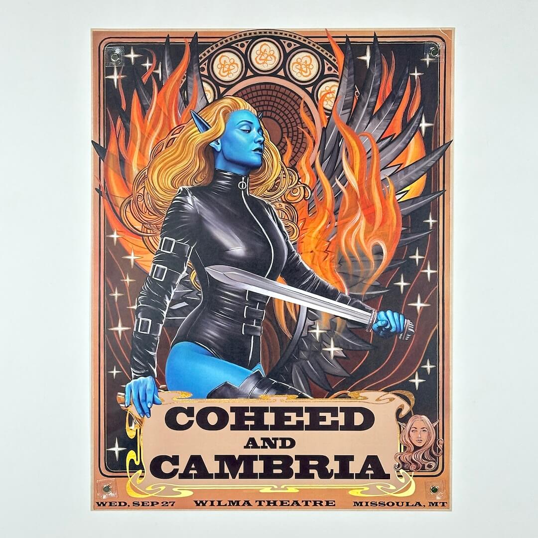 Promotional poster for Coheed and Cambria concert featuring a character with flames and a sword.