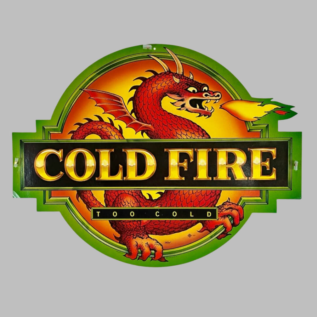 Circle cutout with fire breathing dragon and banner across center for band name, album name below.