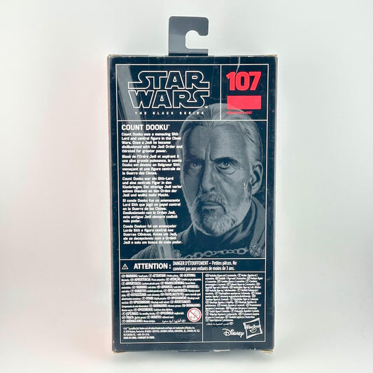 Star Wars The Black Series Count Dooku figure box, number 107, featuring a portrait of the character on the back.