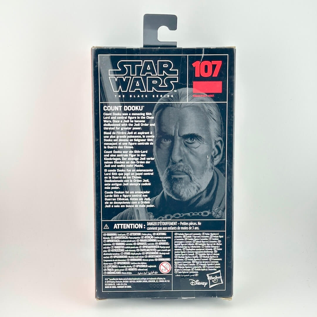 Star Wars The Black Series Count Dooku figure box, number 107, featuring a portrait of the character on the back.