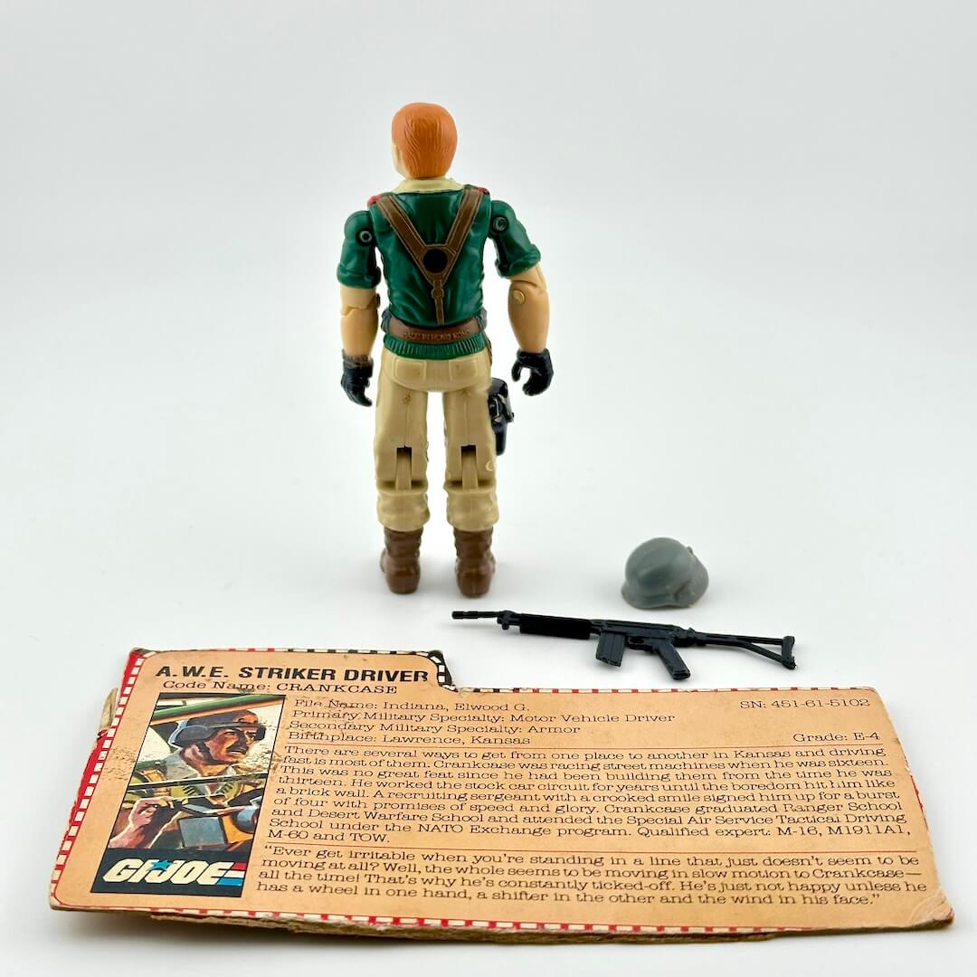 Back of GI Joe action figure with accessories and card against white background.