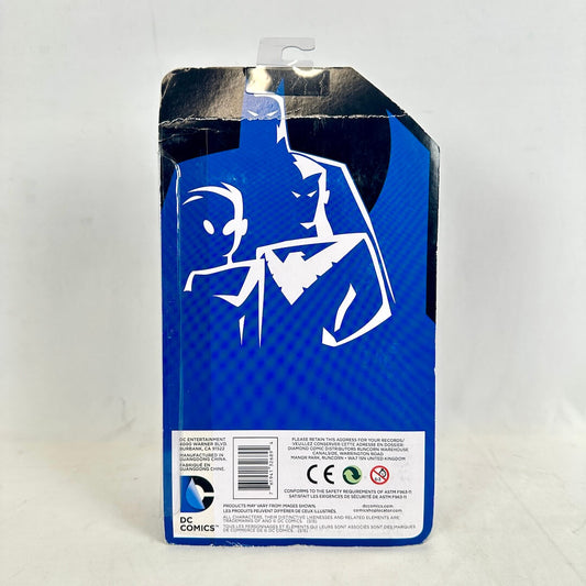 Blue packaging with white superhero silhouette on a gray background