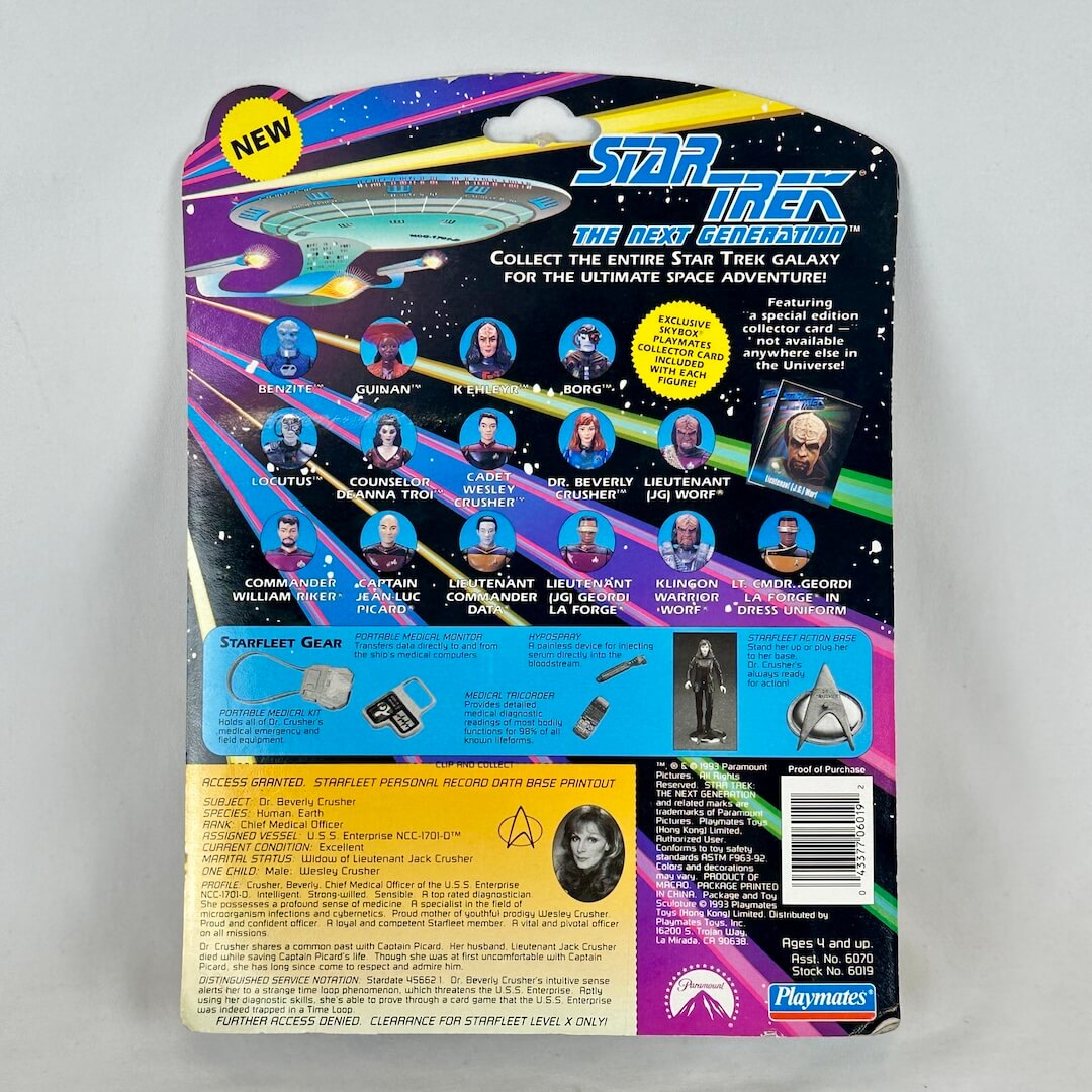 Star Trek toy packaging with character illustrations and promotional text on a gray background
