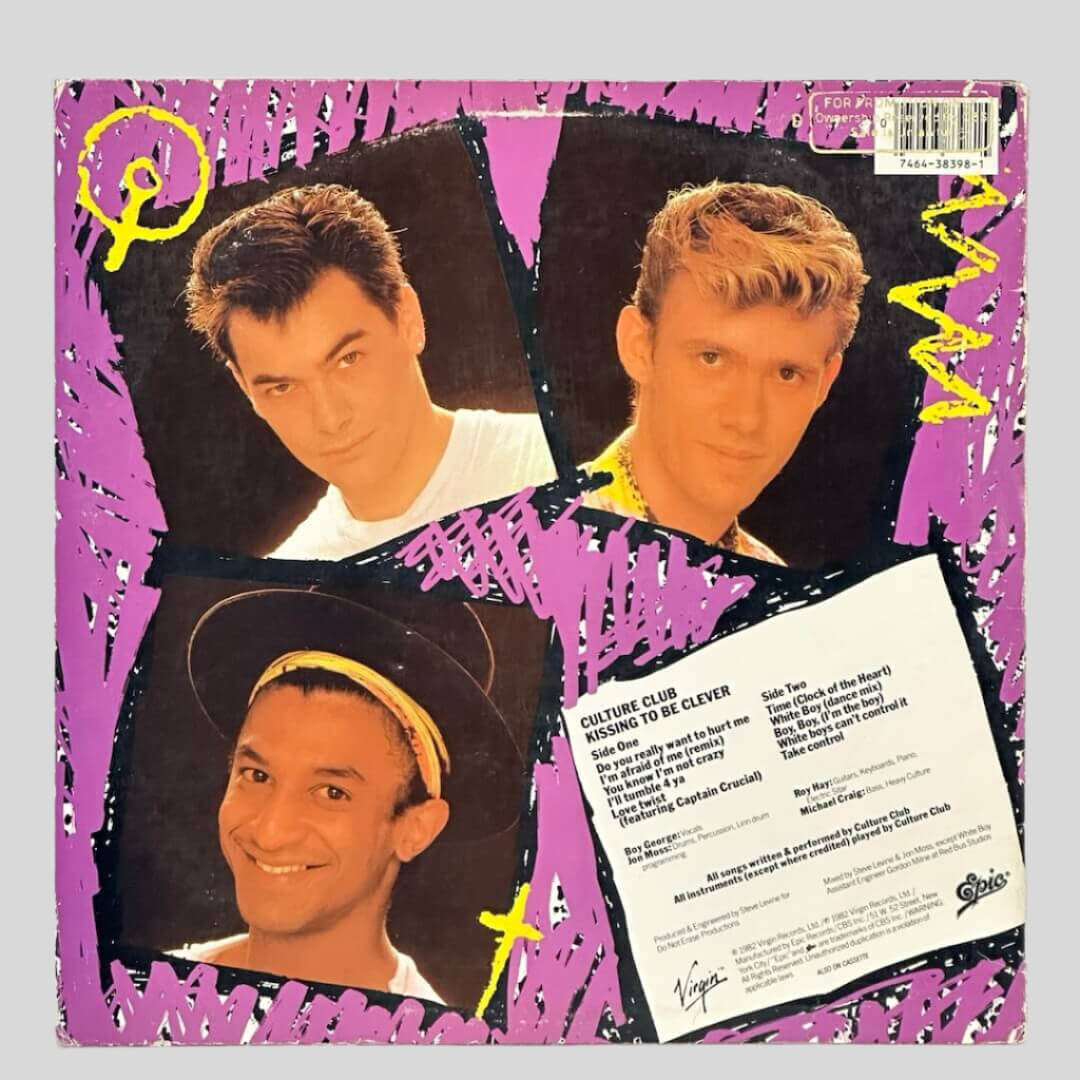 Back of record sleeve with purple background, three headshots of men & square with record tracks & copyright info.